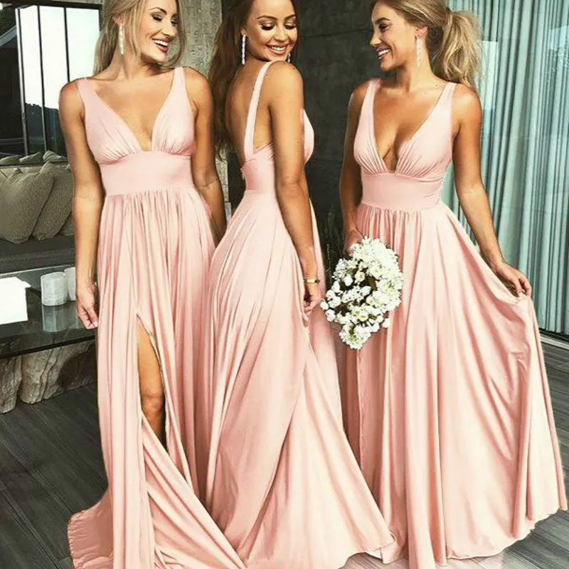Billiga Blush Pink Country Bridesmaid Dresses Deep V Two Twaps Junior Maid of Honor Dress Enkel Baklösa Lång Slits Plus Size Prom Gown