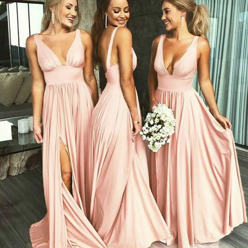 cheap blush pink country bridesmaid dresses deep v two straps junior maid of honor dress simple backless long slits plus size prom gown