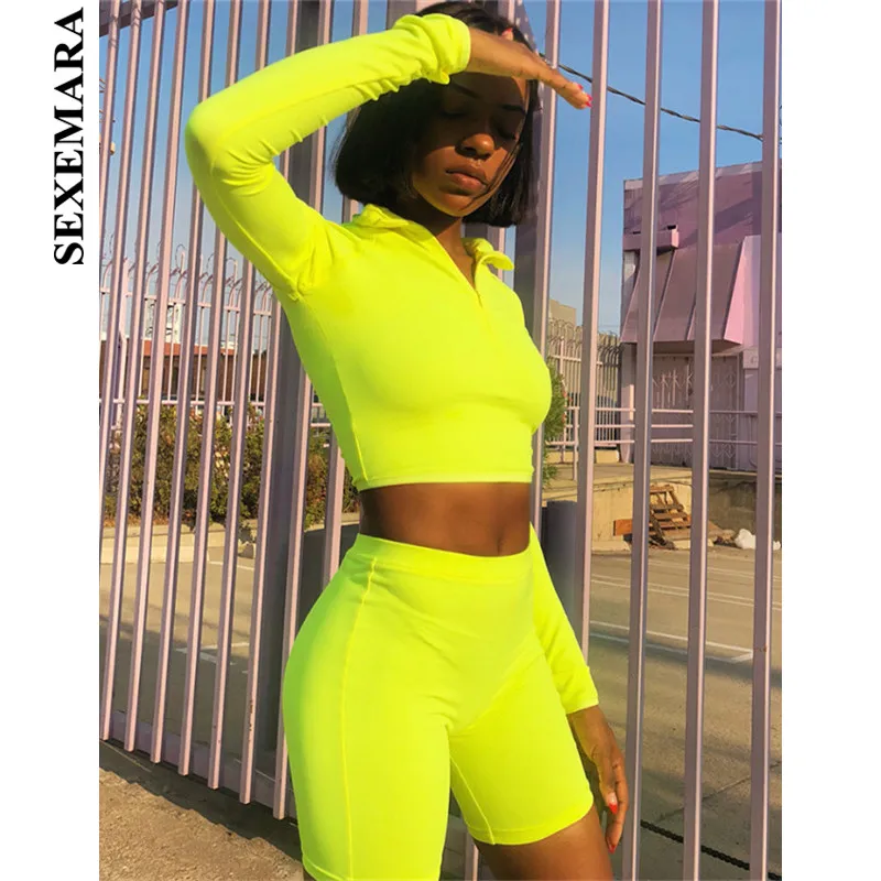 Fashion Fluorescent Color Tracksuit Women Two Piece Set Top and Pants Sweat Suits Biker Shorts Joggers Sets Sexy Skinny Suits