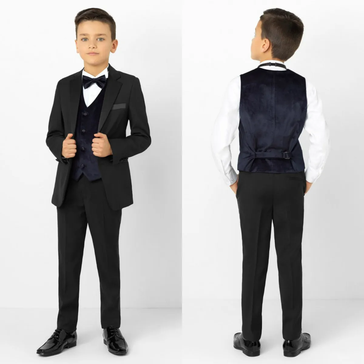 Five-piece little boys size 1-20 black suits.