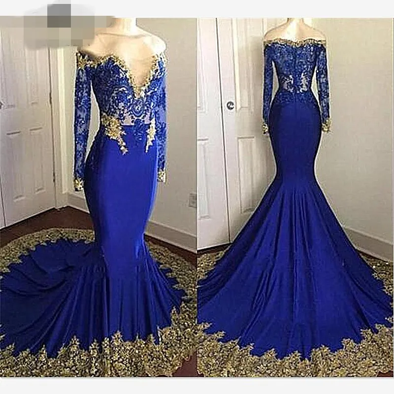 Royal Blue And Gold Embroidered Off Shoulder Lace Blue Mermaid Prom Dress 2021 Elegant Evening Gown With Long Sleeves And Vestido De From Lovemydress 84.74 DHgate.Com