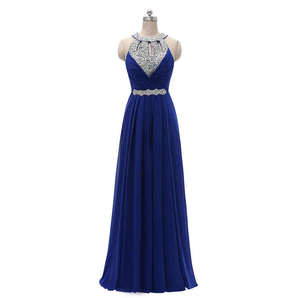 Beaded Halter Neck Chiffon Long Bridesmaid Dresses 2019 Royal Blue