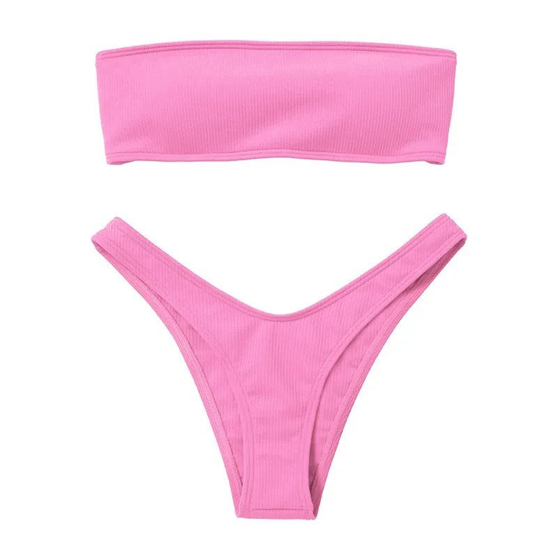Bikini a fascia con lacci sul retro regolabile da donna Bikini con spalle scoperte Costume da bagno a costine Costume da bagno femminile Costume da bagno rosa sexy