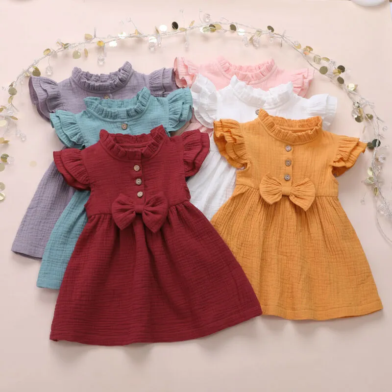 Toddler Kid Newborn Baby Girl Cloth Solid Bow Button Princess Ruffle Sleeve Tutu Dress Clothes Costume Clothing
