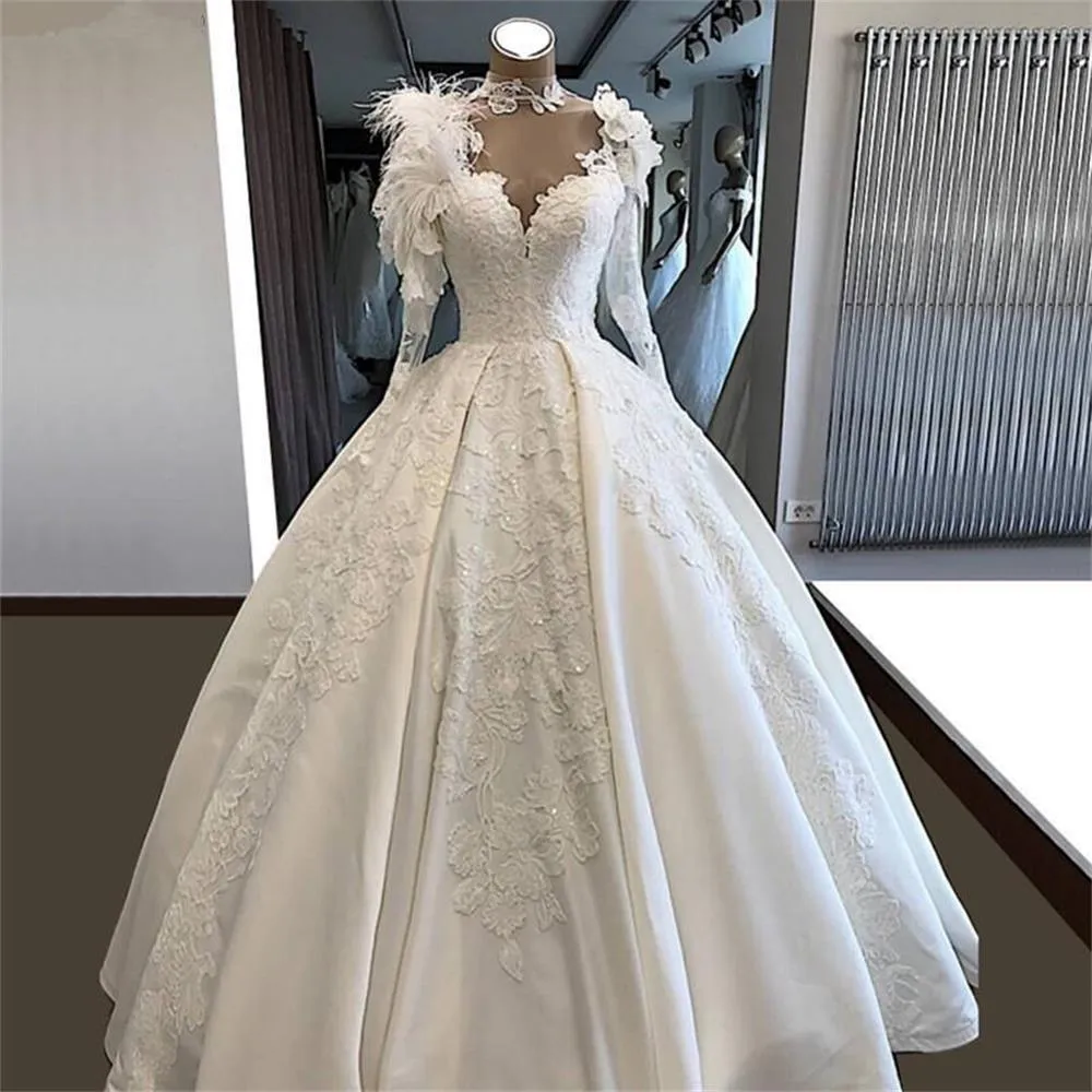 Bordado 3d flores rendas vestidos de casamento vestidos de bola 2020 pescoço alto penas penas de mangas compridas vestidos de novia festa nupcial dres