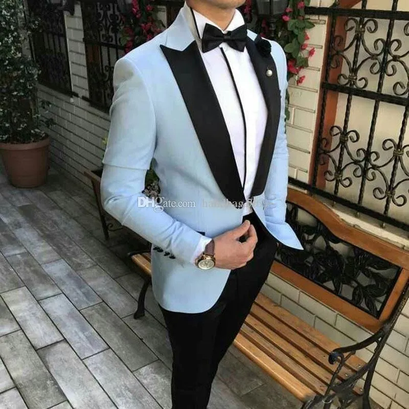 Tuxedos de marié bleu clair à un bouton populaire, costumes à revers pour hommes, blazer de mariage/bal/dîner (veste + pantalon + cravate) K323