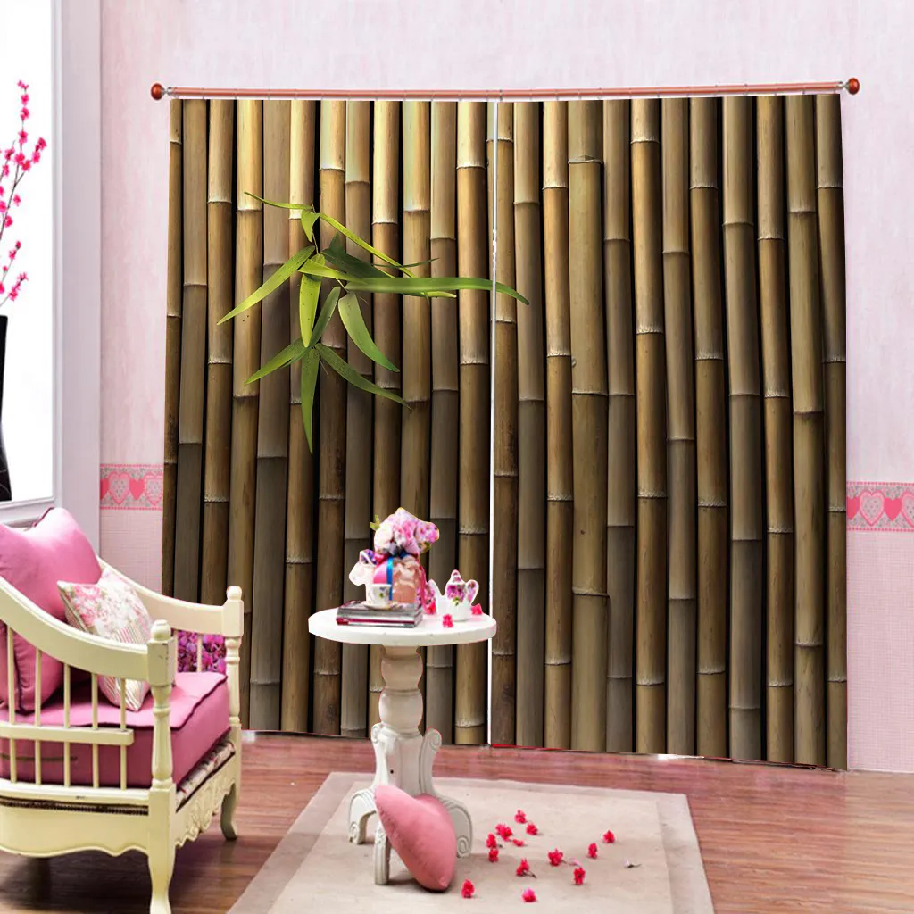 Custom Bamboo Stems and Leaves Oriental Nature Wood Natural Scenery Curtains For Living room Bedroom Bamboo Blackout Drapes Sets