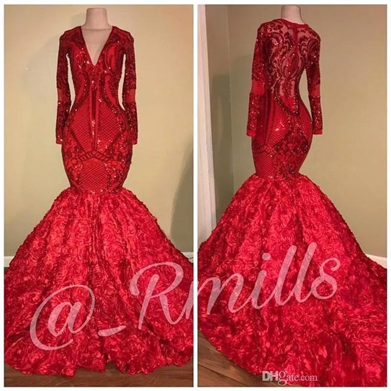Vintage Real Images Red Mermaid Sequins Prom Dresses 2019 Long Sleeves 3D Lace Flowers Evening Party Celebrity Dresses BC1433