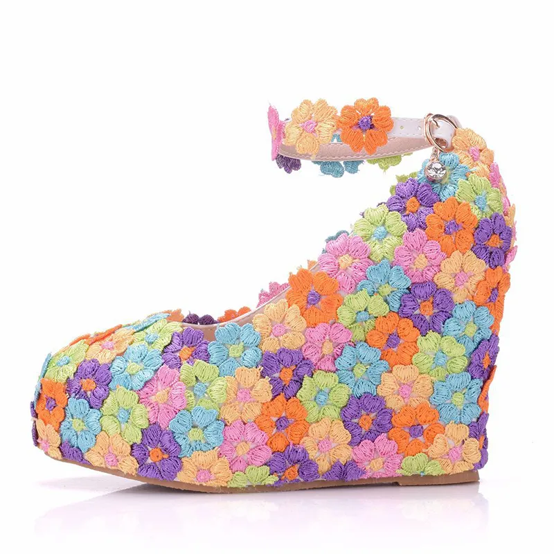 Mix Color Lace Flower Bridal Dress Shoes Platforms Wedge Heels Wedding Party Shoes with Buckle Straps Fashion Colorful Prom Shoe