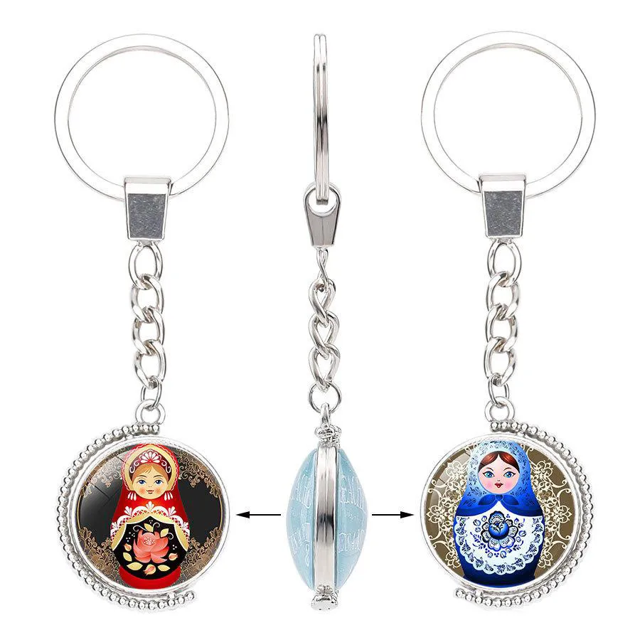 Nouveau Matryoshka Double face Rotatif Porte-clés Verre Cabochon Tradition Poupée Russe Porte-clés Anneau De Mode Bijoux accessoires