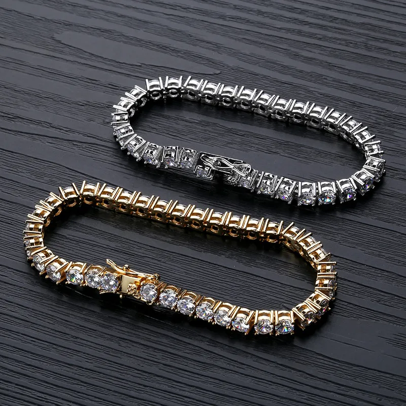 Hip Hop Jewelry Wholesale 5mm Men Diamond 14k Gold Plated Iced Tennis Bracelet Rose Gold Tennis Chain Silver Hip Hop Bracelet