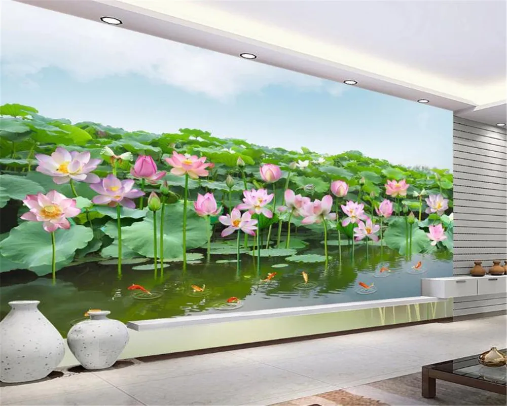 Autocollant mural 3D, fleurs de lotus, fleurs et carpes colorées, autocollant  mural
