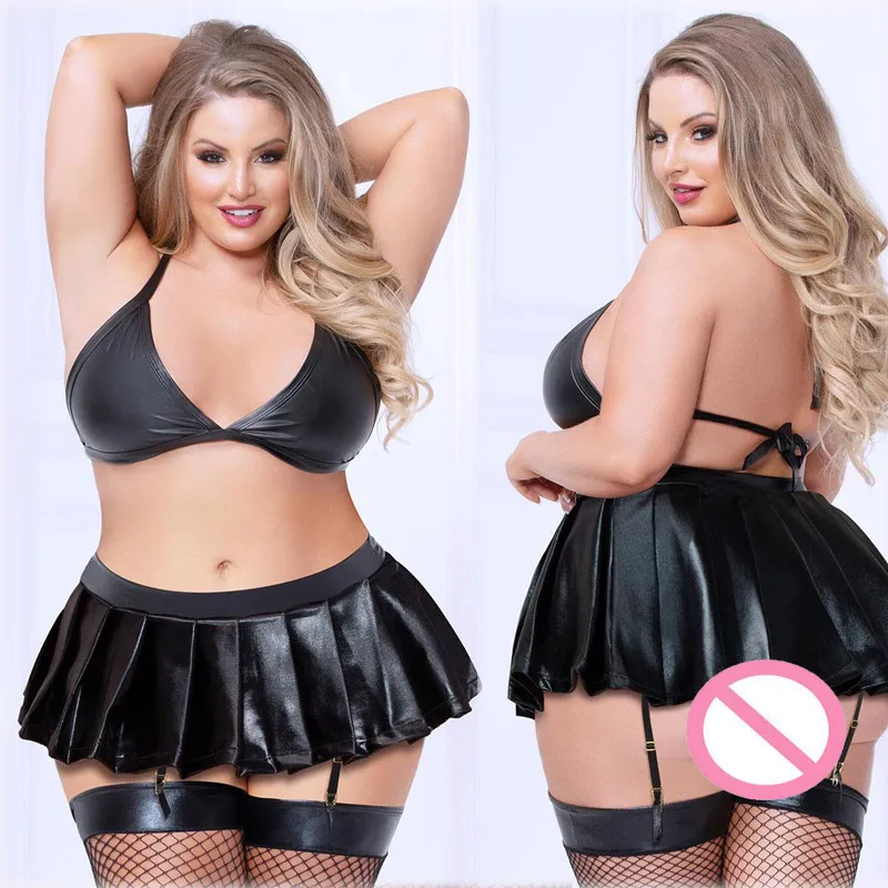 Sexy mulheres lingerie preto faux couro halter sutiã mini saia de três pontos nightclub pólo dançando traje plus size xxxl