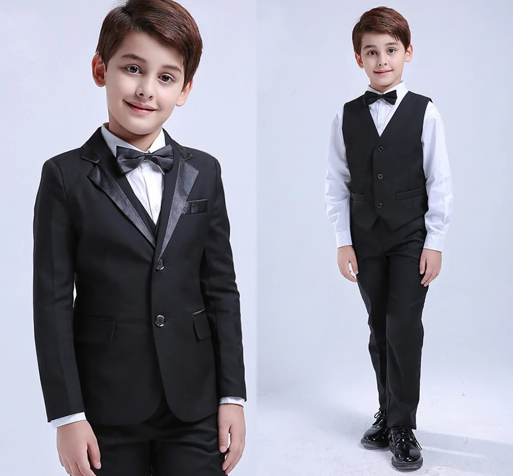 Fashion 4Pcs Toddler & Boys Formal Children Tuxedo Wedding Party Suit Black Boys Suits (Jacket+Pants+Vest+Bow Tie)