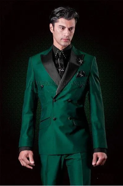 Nouveau À La Mode Double Poitrine Vert Foncé De Mariée Tuxedos Peak Lapel Groomsmen Hommes Costumes De Bal Blazer (Veste + Pantalon + Cravate) 051