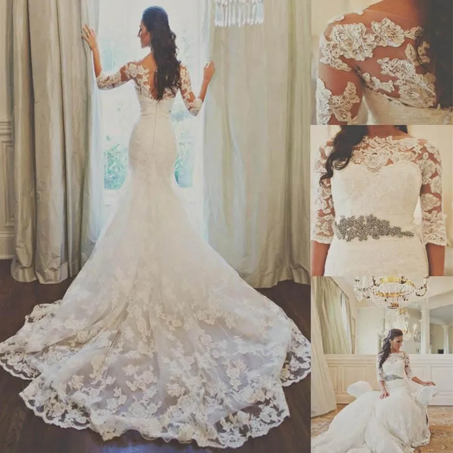 2020 Sexy Sereia Meia Manga Tule Lace Crystal Cinto De Trem Vestidos De Noiva de Luxo Vestidos De Casamento Feito