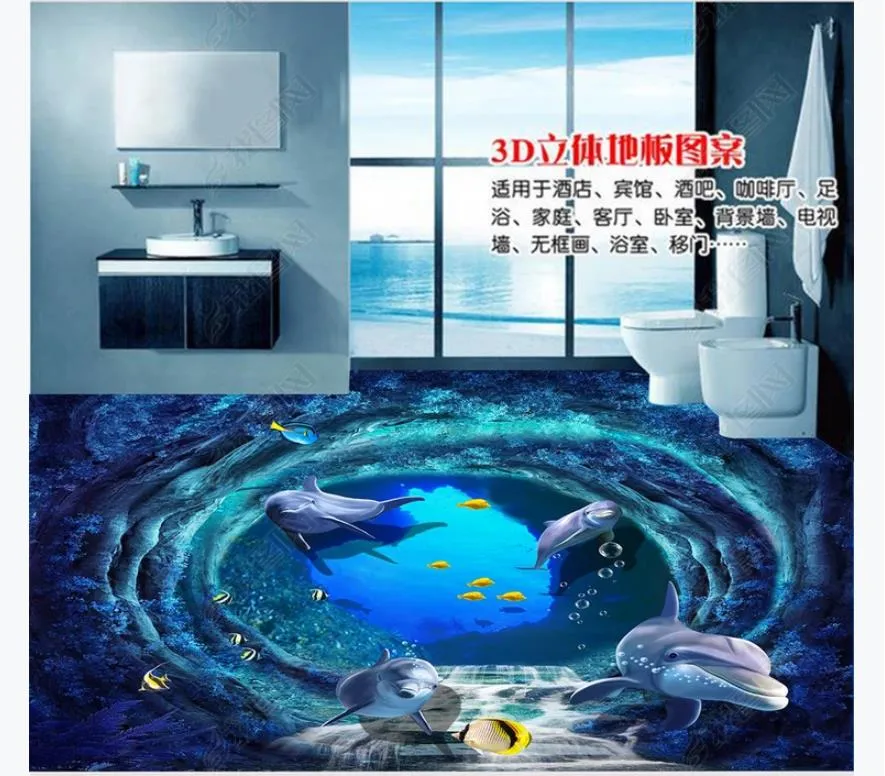 3D PVC自己粘着壁画壁紙床絵 海底洞窟イルカトロピカル