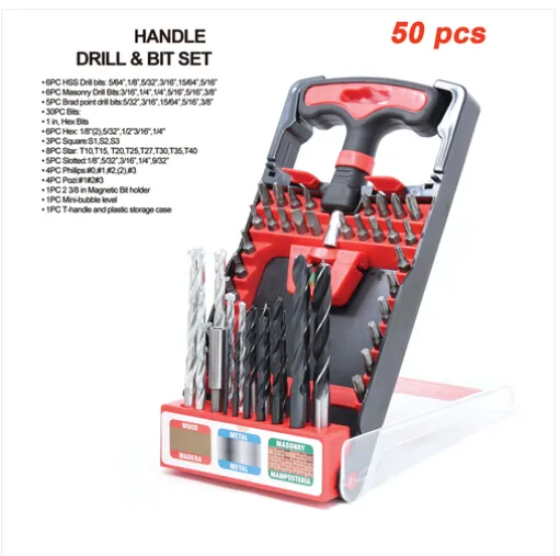 Wholesales!!! Free shipping TOOLMAN 50 pcs Compact Hand Tool T-Handle Drill + Bit set