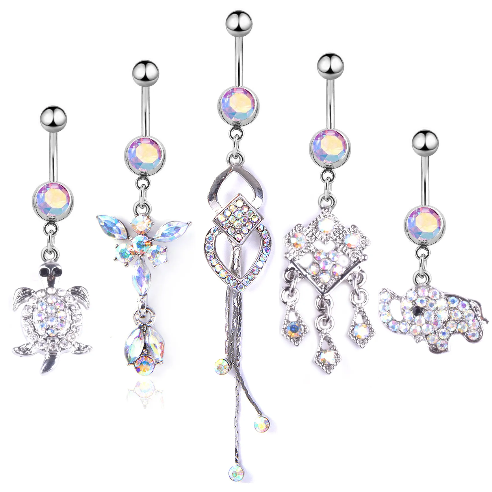 5 sztuk / zestaw żółwia słonia ładny kryształ biżuteria biżuteria ze stali nierdzewnej Rhinestone pępek Bell Button Piercing Dangle Pierścienie dla kobiet prezent