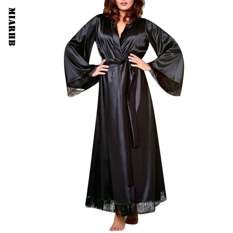 Accappatoio Lungo Kimono In Raso Per Donna - Scollo A V, Abito Da Notte Per Matrimonio, Festa Di Addio Al Nubilato, Nero, Taglia S - 3