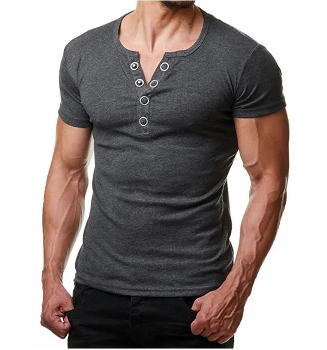 T-shirts T-shirt herr T-shirt Män Sommar Fashion V Neck Kortärmad Tee Homme Casual Slim Fit Metal Button Design XXL