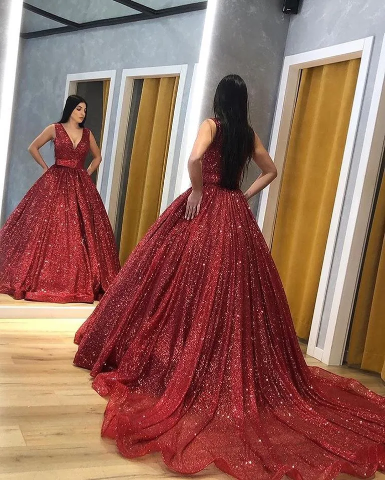 Sparkly Dark REd Chapel Train Prom Dresses 2019 Plunging V Neck A Line Open Back Arabic Sequin Evening Wear For Sweet 16 Quinceanera Dress