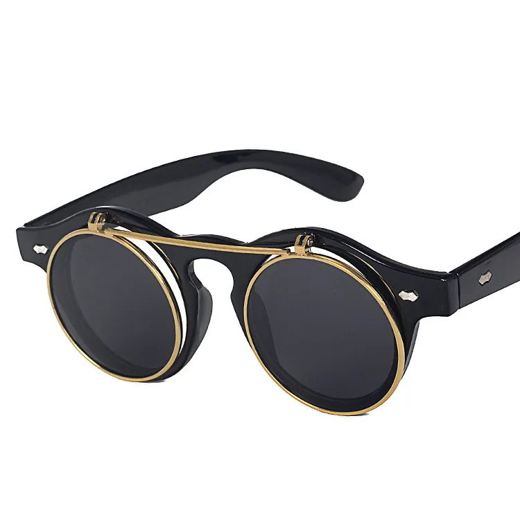 vintage män kvinnor svarta billiga solglasögon runda plastglasögon steampunk style flip up punk solglasögon Gafas de sol