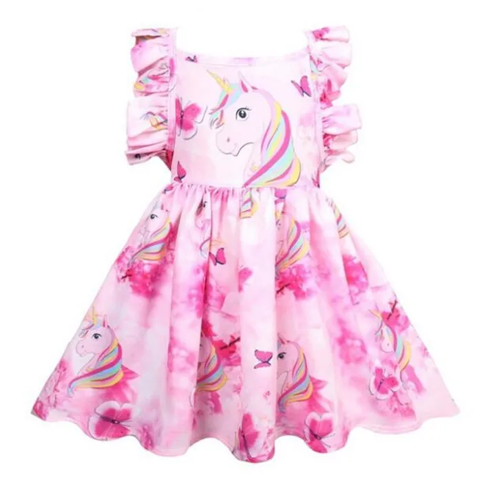 Sommar Rosa Baby Girls Dress Unicorn Tryckta barn Kläder Toddler Kids Princess Klänningar Lila Tjej Enfant Kostym Barnkläder
