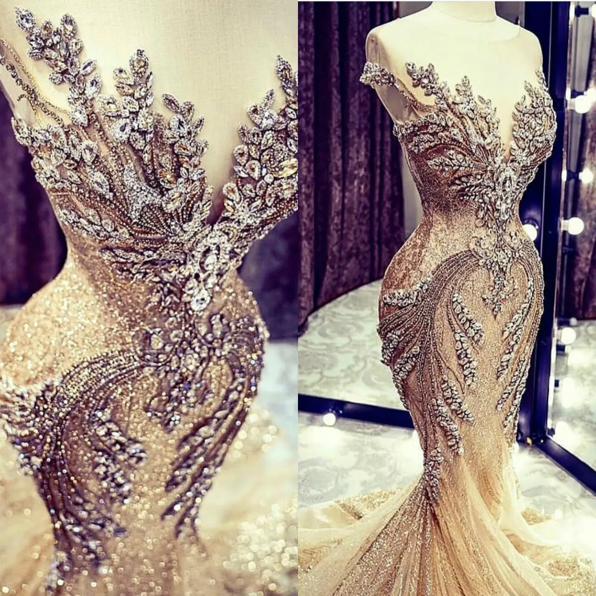 Vestidos de Noiva Champagne Rendas Contas de Cristal Lantejoulas Varredura Trem Jóia Pescoço Vestido de Noiva Sereia Imagem Real Manga Boné Vestidos de Noiva de Luxo