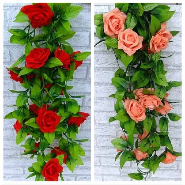 Artificial Rose Silk Flower Vine Green Leaf Vine Garland Home Wall