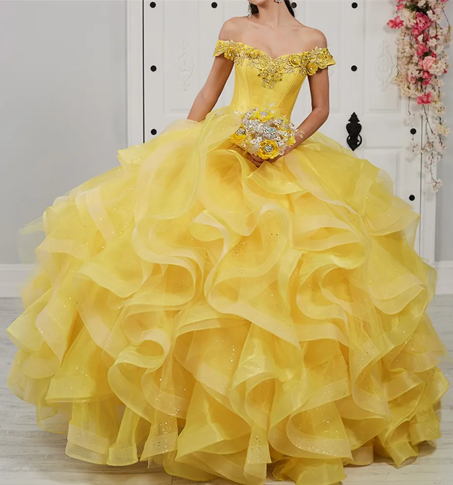 Robe robe De bal jaune Appliques perles à lacets volants jupe Quinceanera robes 15 robe robes De Quinceanera