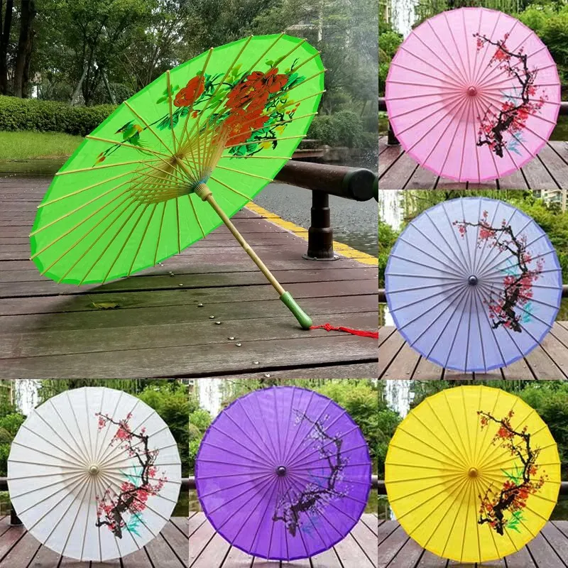 82CM Diameter Chinese Paper Umbrella Traditional Silk Fabric Craft Umbrella Wooden Handle Wedding Artificial Oil Paper Umbrellas BH2164 WCY