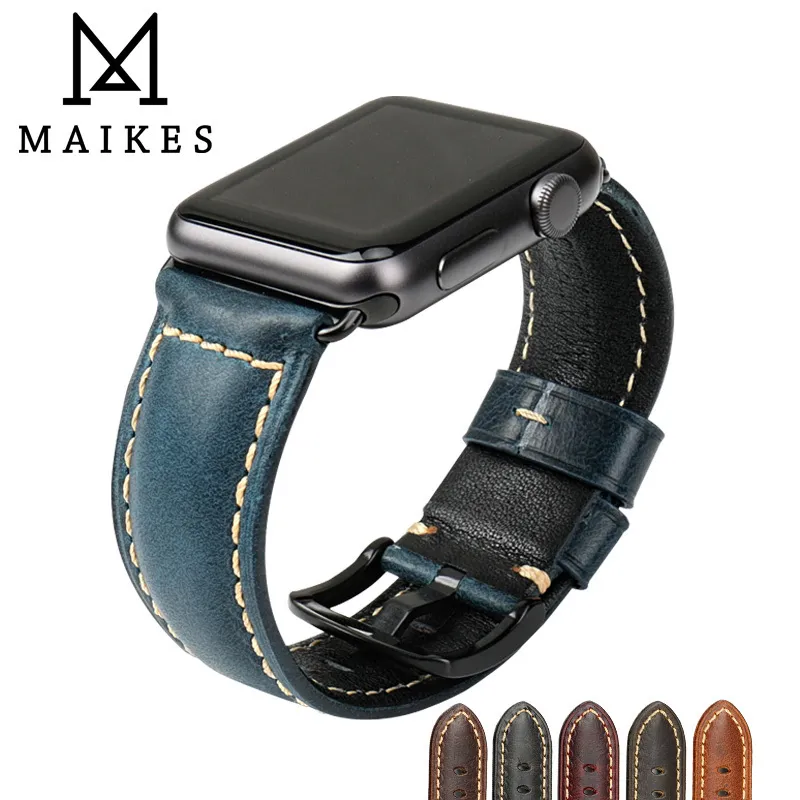 Maikes For Apple 시계 밴드 42mm 38mm / 44mm 40mm 시리즈 4/3/2/1 Apple 시계 끈을위한 Iwatch Blue Oil 왁 스 가죽 시계 밴드 T190620