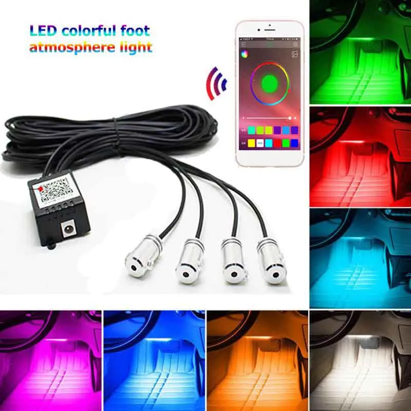 4pcs / 세트 12V RGB LED 라이트 스트립 무선 블루투스 앱 원격 제어 자동차 인테리어 분위기 램프 스트로브 장식 조명 자동차 스타일링
