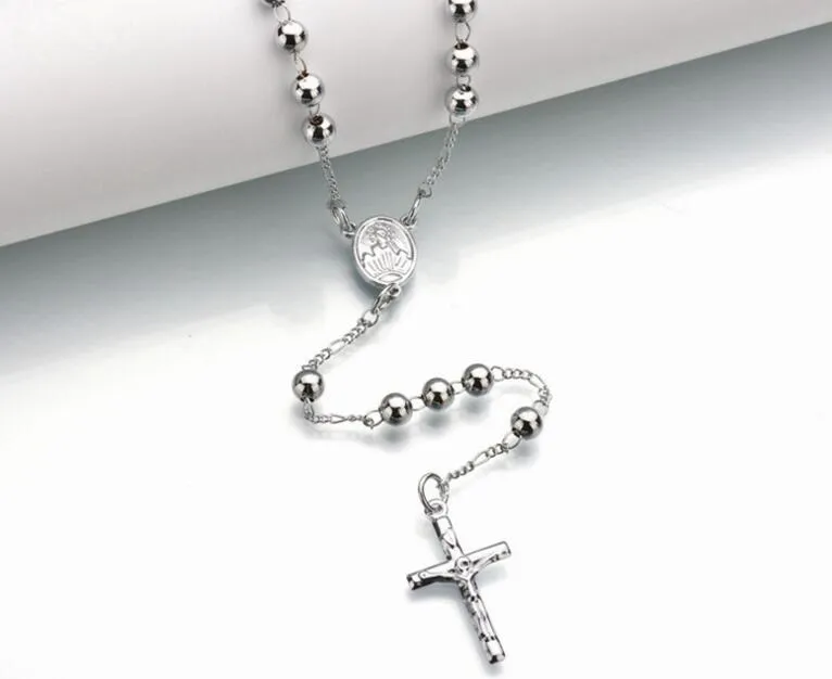 New Fashion Gold Silver Color Jesus Cross Pendant Necklace Beads Chain For Women Men Virgin Mary Rosary Prayer Religious Jewelry