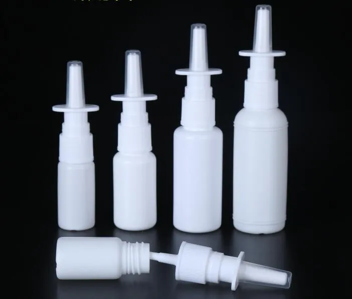 50pcs/lot 10ml 15ml 20ml 30ml 50ml White Empty Plastic Nasal Spray Bottles Pump Sprayer Mist Nose Spray Refillable Bottle