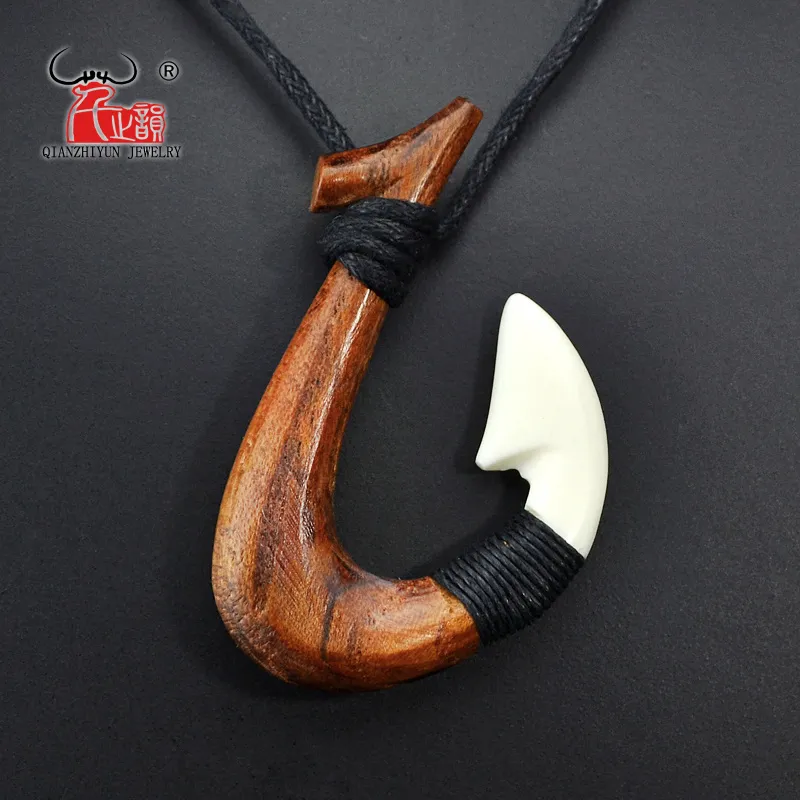Pendant Primitive Tribes Jewelry Handmade Carved Wood Fish Hook