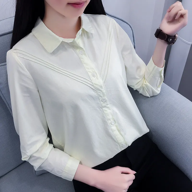 Spring New Women Shirts Blouse Korean Plus Size Pink Geplooid Elegante Dames Katoen Lange Mouw Witte shirt voor schoolmeisje