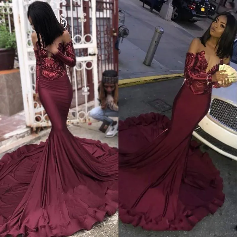 Maroon Burgundy Prom Dresses Mermaid Illusion Sequins Lace Top Black Girls' Plus Size Pageant Evening Formal Party Gowns BC1250