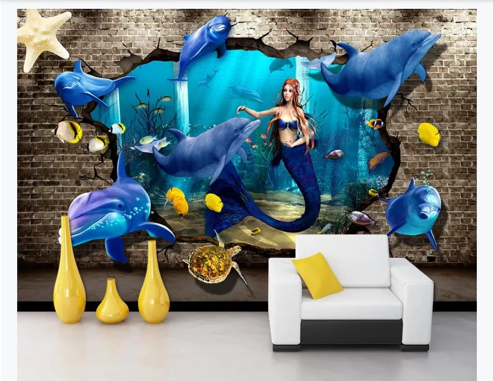 Papel pintado mural personalizado 3d foto papel de pared Mundo submarino Tortuga delfín 3D Fondo de pared estéreo Pintura de pared Papel de parede