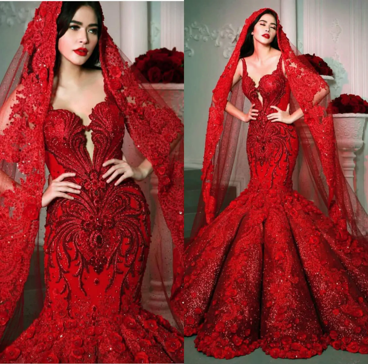 Red Mermaid Suknie Ślubne Sexy Spaghetti Pasek Bez Rękawów Appliqued Zroszony Cekiny Bridal Suknia Custom Made Sweep Pociąg Vestidos De Novia