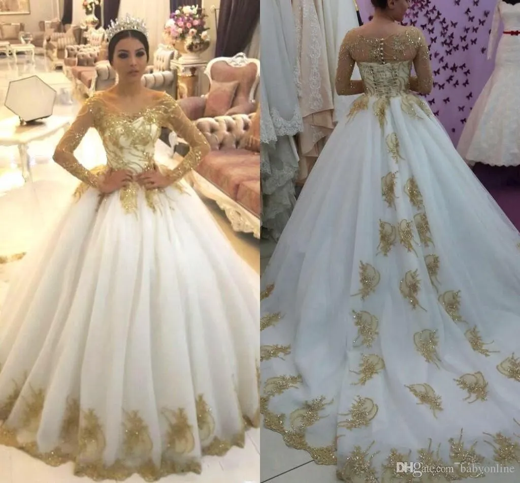 Ouro dubai árabe lantejoulas mangas compridas decote em v renda tribunal trem plus size vestido de casamento vestido de noiva feito sob encomenda