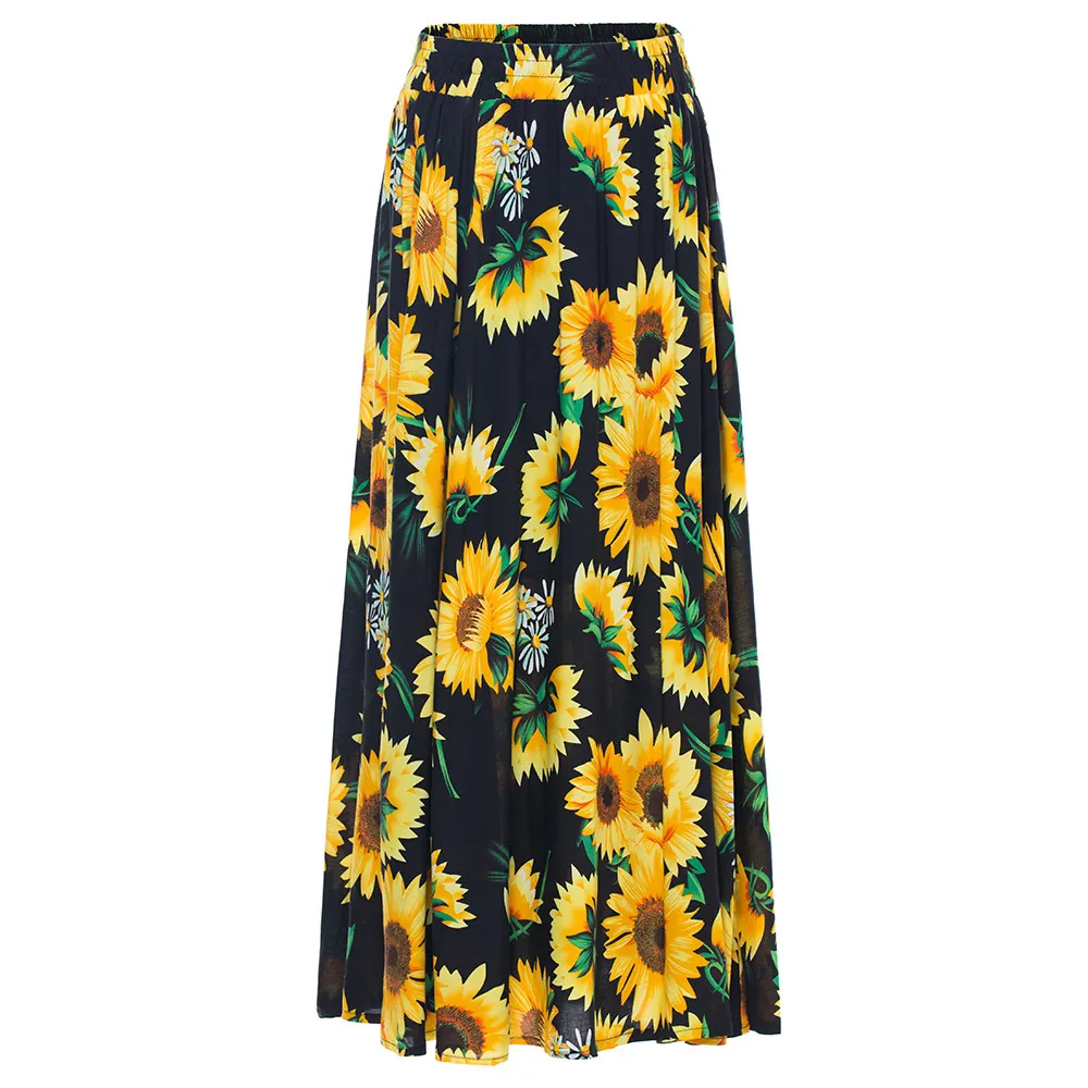 Wipalo Summer Autumn Women Suower Print High Waist Boho Skirt Ladies Vintage Pleated Chiffon Cotton Lined Skirts Yellow Y1904002