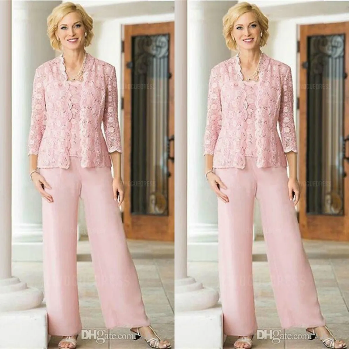 Tailleur pantalone per la madre della sposa in tre pezzi di chiffon di pizzo rosa con giacca a maniche lunghe 2019 Tailleur pantalone per donna taglie forti
