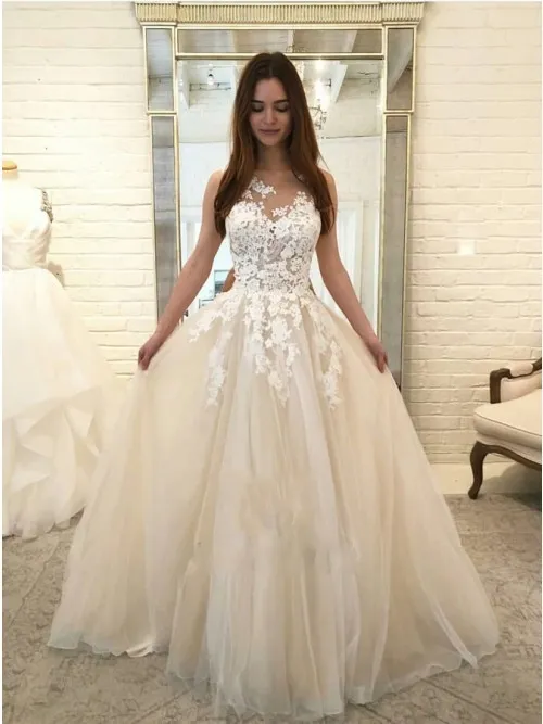 Очаровательные совок свадебные платья 2020 свет шампанского без рукавов кружева тюль свадебное платье Vestido de noiva принцесса невесты платье горячая распродажа