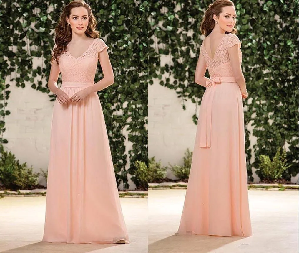 Cap Sleeves Chiffon Long Bridesmaid Dresses V Neck Lace Top Sash Maid Of Honor Dress Wedding Guest Plus Size Dresses BM1926