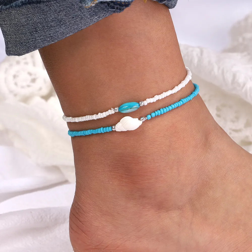 Verstellbare blaue weiße Perlen-Fußkettchen für Frauen, natürliche Muschel-Muschel-Bein-Fuß-Armband, böhmische Sandale, Knöchel-Kettenarmband