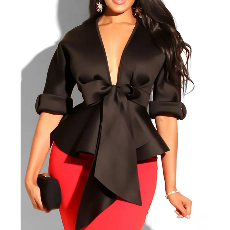 Sexy v neck ruffles blouse women Sashes bow waist peplum tops Elegant ladies half sleeve party top white black summer blouse