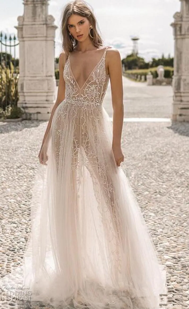 BERTA 2019 Suknie ślubne Linii Zanurzanie V Neck Backless Lace Suknie ślubne See przez Suknia ślubna Boho Slits Proste