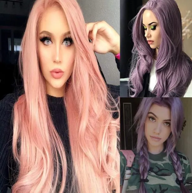 pink Glueless High Temperature Fiber Natural Hairline Hair Wigs Soft Swiss Purple Long Wavy Synthetic Lace Front Wig for Women FZP143